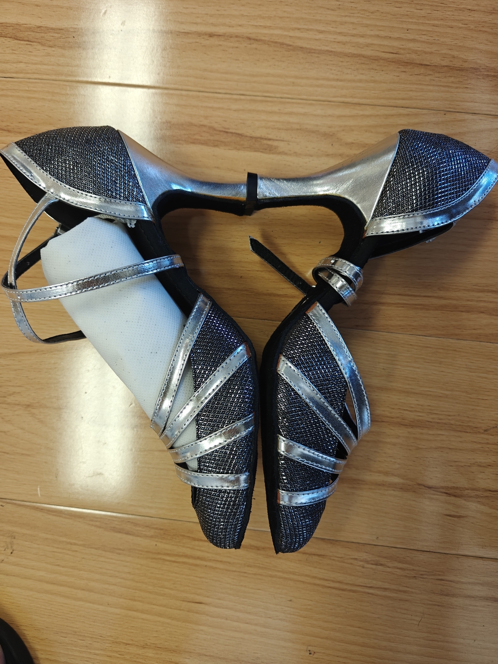 Women's Silver and Black Strappy Ballroom Heels